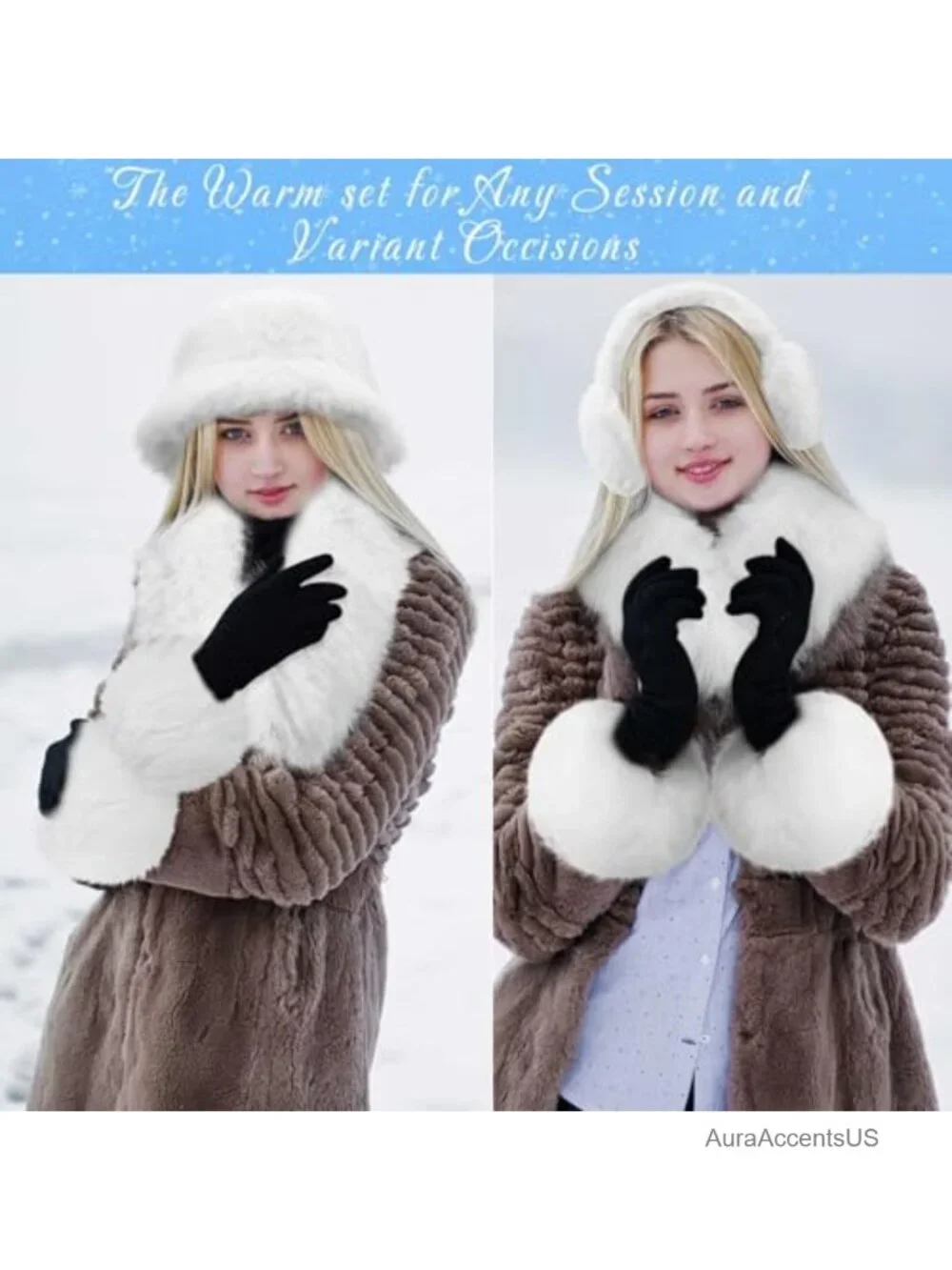 Warm Winter Faux Fur Accessories Set Scarf Hat Earmuffs Wrist Cuffs